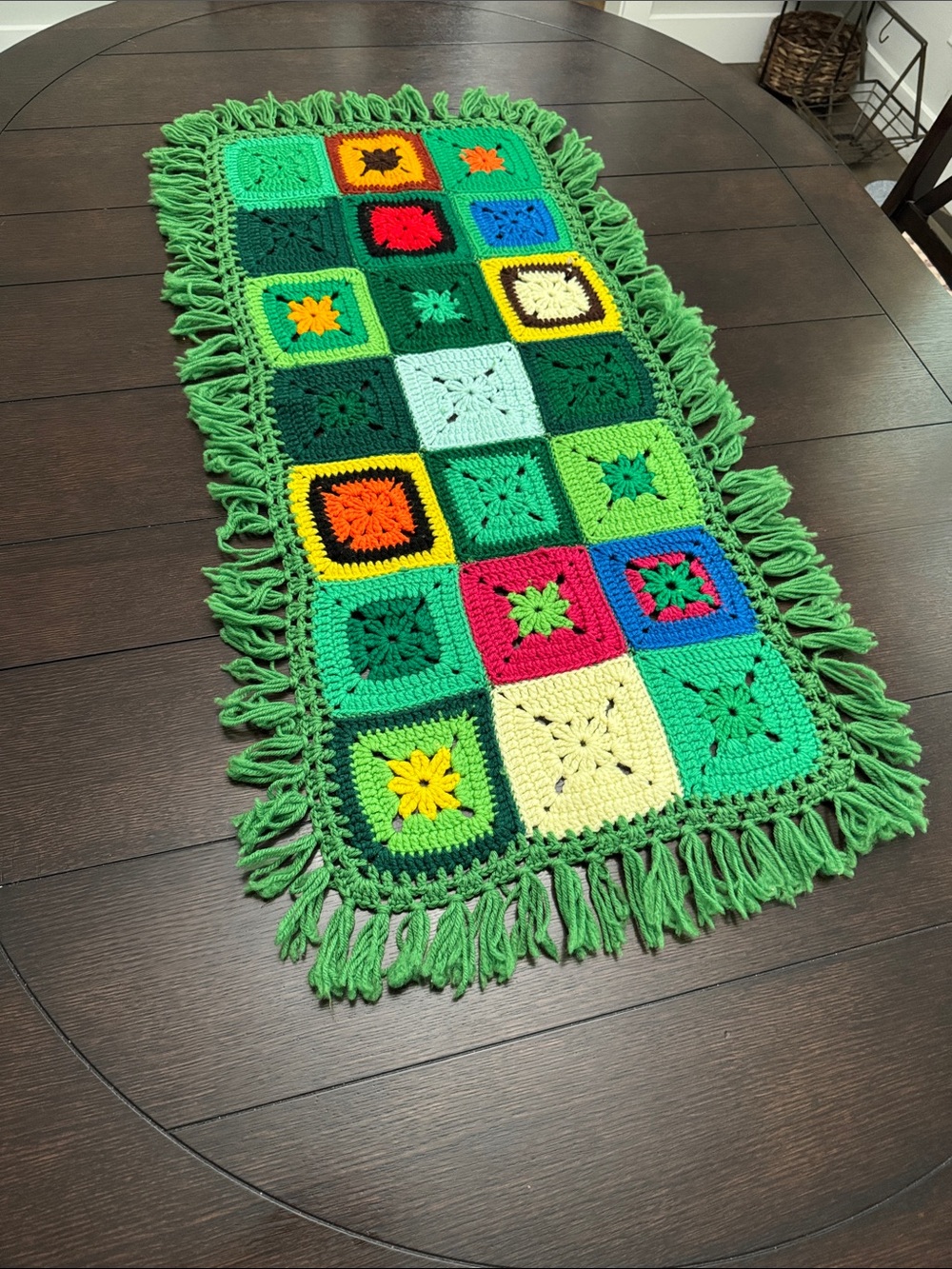 Handmade Green Multi-Color Crochet Table Runner holiday decor
